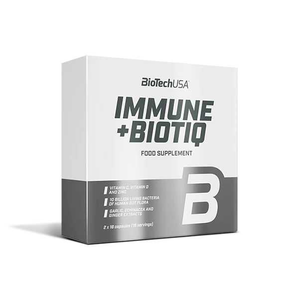 Опаковка на BioTech USA Immune+Biotiq с логото на марката и информация за продукта
