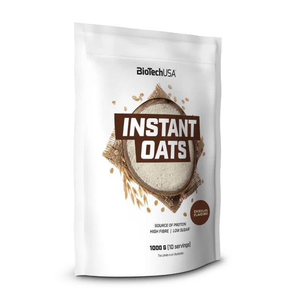 Близък план на опаковката BioTech USA Instant Oats (1000 г), показващ логото на марката и информация за продукта.