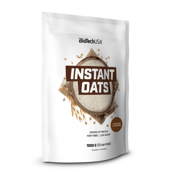 Опаковка BioTech USA Instant Oats (1000 г) с вкус Шоколад, поставена до купа с готови овесени ядки и пресни плодове.