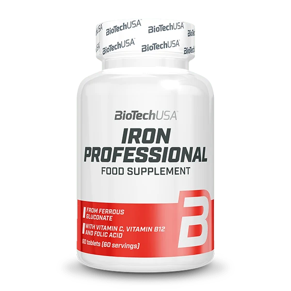Опаковка на BioTech USA Iron Professional с 60 таблетки, показваща името на продукта и съдържанието на желязо, витамин C, фолиева киселина и B12.