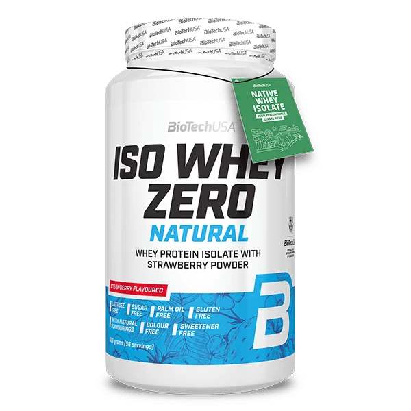 Опаковка на BioTech USA Iso Whey Zero Natural 908 г с вкус ягода, показваща етикета и логото на марката