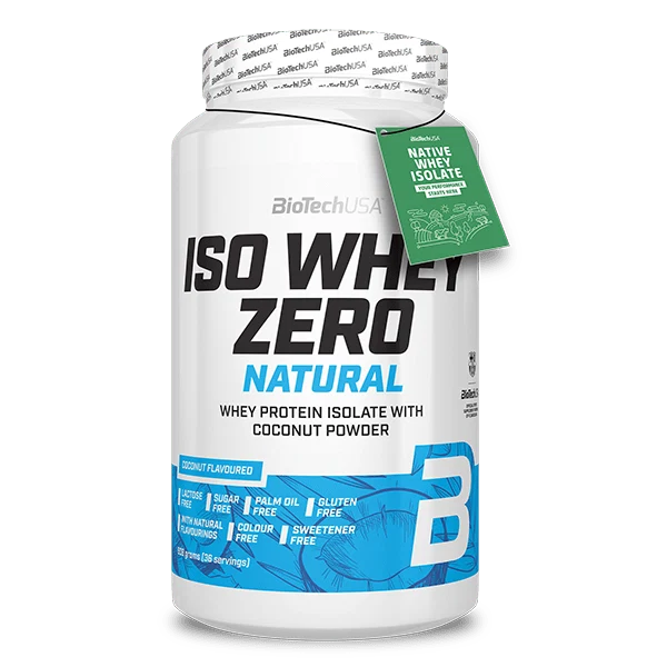Опаковка на BioTech USA Iso Whey Zero Natural 908 г с вкус ванилия-канела, акцентираща върху натуралния състав