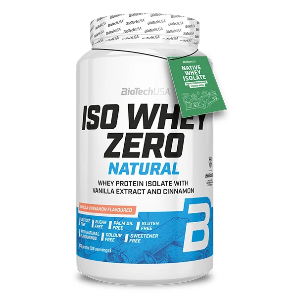 Опаковка на BioTech USA Iso Whey Zero Natural 908 г с вкус кокос, поставена на светъл фон