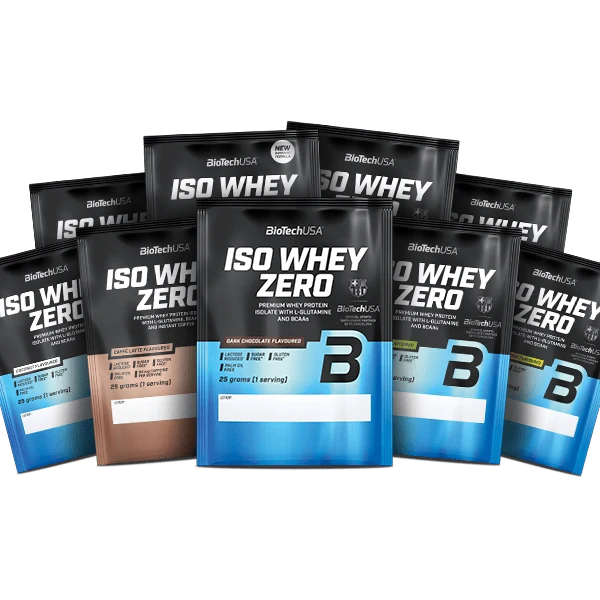 Пакет BioTech USA Iso Whey Zero Sample Bundle с 17 индивидуални сашета протеин, подредени върху бял фон