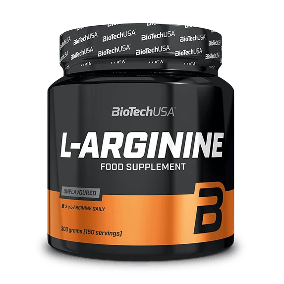 BioTech USA L-Arginine powder 300 г опаковка, бял етикет със сини и червени акценти, на преден план