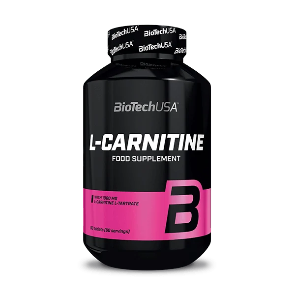 Опаковка BioTech USA L-Carnitine с 60 таблетки, на преден план, с логото на марката и информация за продукта.