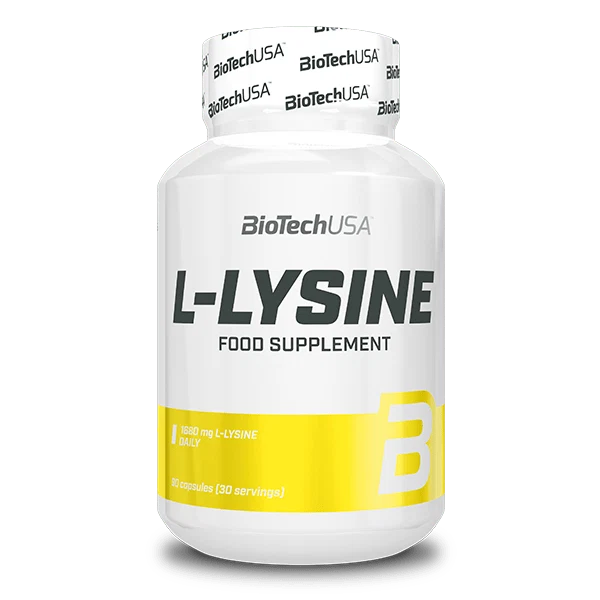 Опаковка BioTech USA L-Lysine с 90 капсули на бял фон