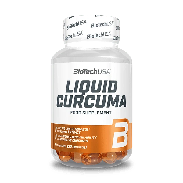 Опаковка BioTech USA Liquid Curcuma с 30 капсули на бял фон