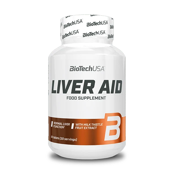 Опаковка на BioTech USA Liver Aid - 60 таблетки, на преден план с логото на марката и описание на продукта