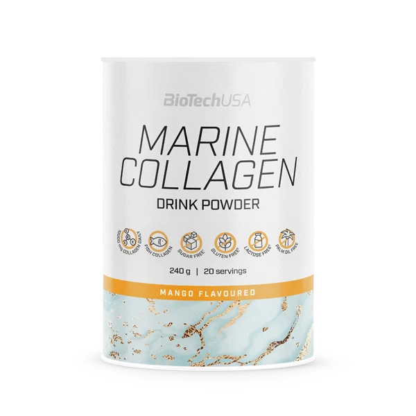 Продуктова снимка на BioTech USA Marine Collagen на маса, с чаша и лъжичка