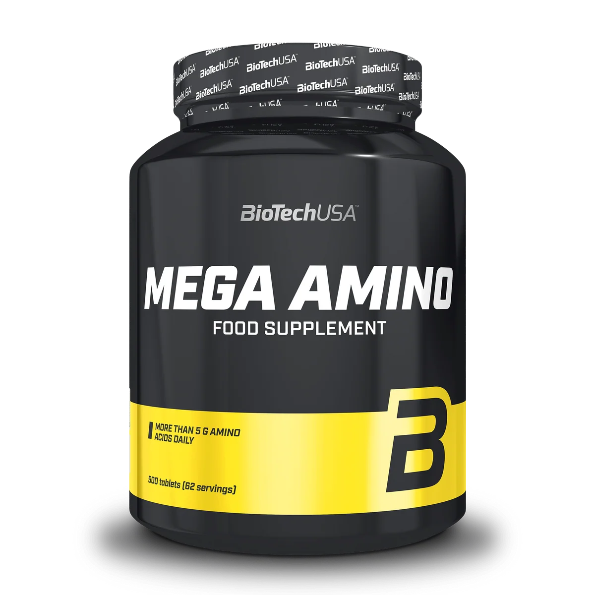 Опаковка на BioTech USA Mega Amino с 500 таблетки, на преден план