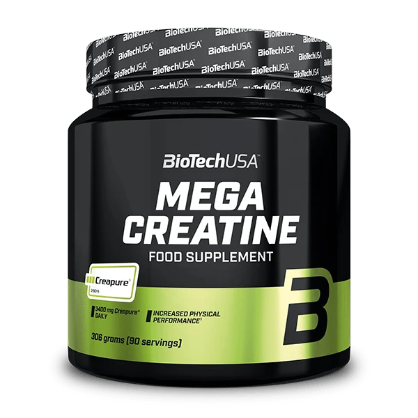 Опаковка на BioTech USA Mega Creatine 306 g, без вкус, с логото на Creapure®
