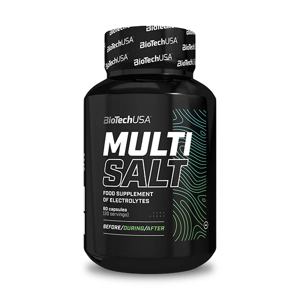 Опаковка BioTech USA MultiSalt с 60 капсули на бял фон