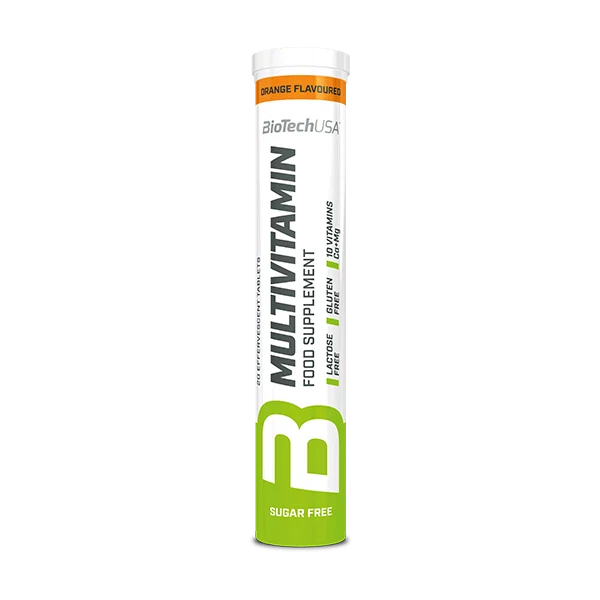 Опаковка BioTech USA Multivitamin ефервесцентни таблетки с логото на марката и надпис 20 таблетки