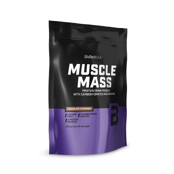 Опаковка на BioTech USA Muscle Mass - 1000 g, вкус ягода, на бял фон