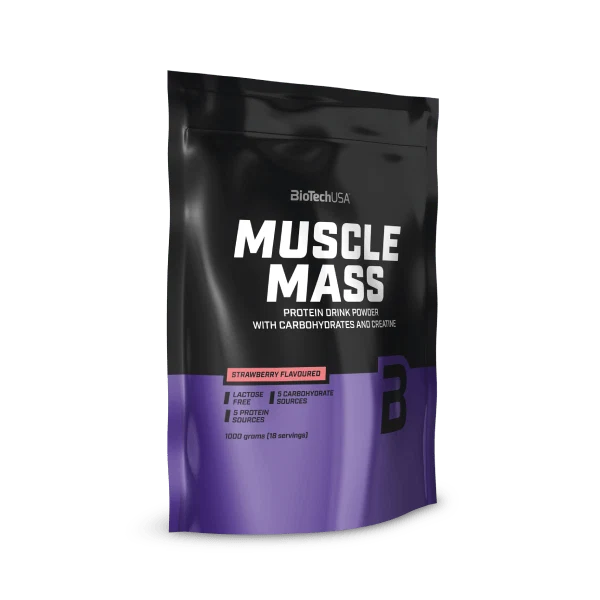 Групова снимка на трите вкуса на BioTech USA Muscle Mass - 1000 g (ванилия, шоколад, ягода)