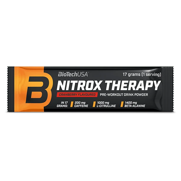 BioTech USA Nitrox Therapy - 17 g, предна част на опаковката с логото и вкуса