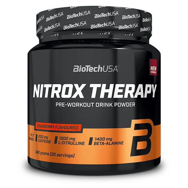 Опаковка BioTech USA Nitrox Therapy с вкус на червена боровинка, подчертаваща теглото от 340 грама.