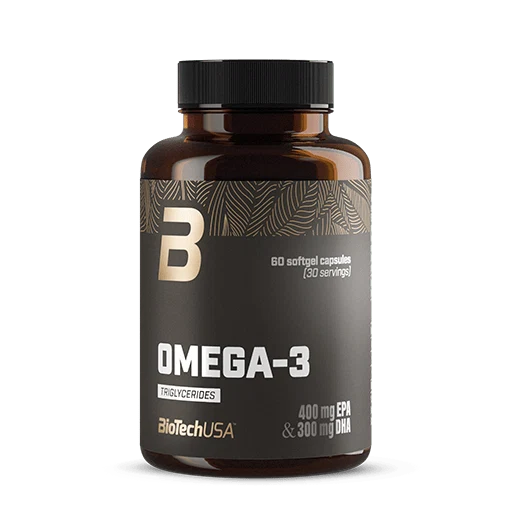 BioTech USA Omega-3 Triglycerides - опаковка с 60 меки капсули на бял фон