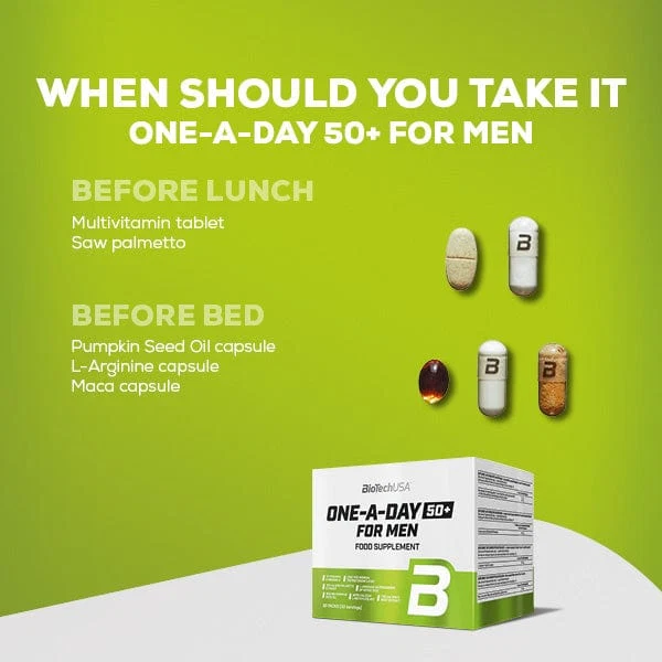 Близка снимка на индивидуална дневна опаковка BioTech USA One-A-Day 50+ For Men, отворена, показваща различните таблетки и капсули вътре