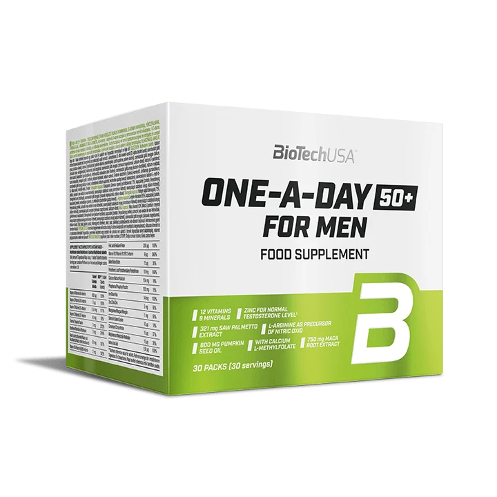 Опаковка BioTech USA One-A-Day 50+ For Men, показваща логото и името на продукта