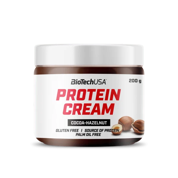 Бурканче BioTech USA Protein Cream, 200 грама, с етикет и логото на BioTech USA, показващо крема с лешников вкус.