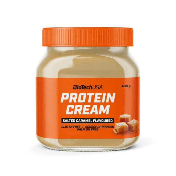 Буркан BioTech USA Protein Cream 400g със солен карамел, изобразен с кремообразна текстура и златист цвят