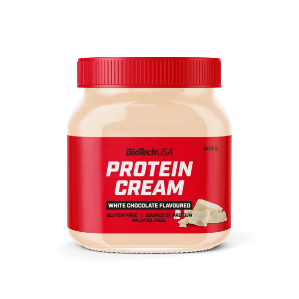 Буркан BioTech USA Protein Cream с вкус на бял шоколад, показан отпред.