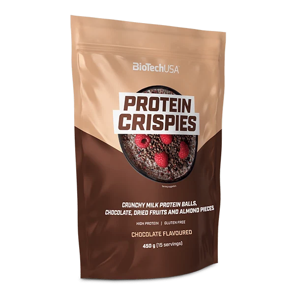Опаковка BioTech USA Protein Crispies 450g с изображение на хрупки, череши, малини и шоколад