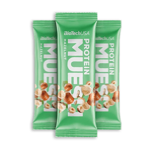 Опаковка BioTech USA Protein Muesli - 30g с вкус лешник, на фона на мюсли с ядки