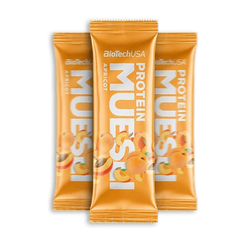 Опаковка BioTech USA Protein Muesli - 30g с вкус кайсия, на фона на мюсли с плодове
