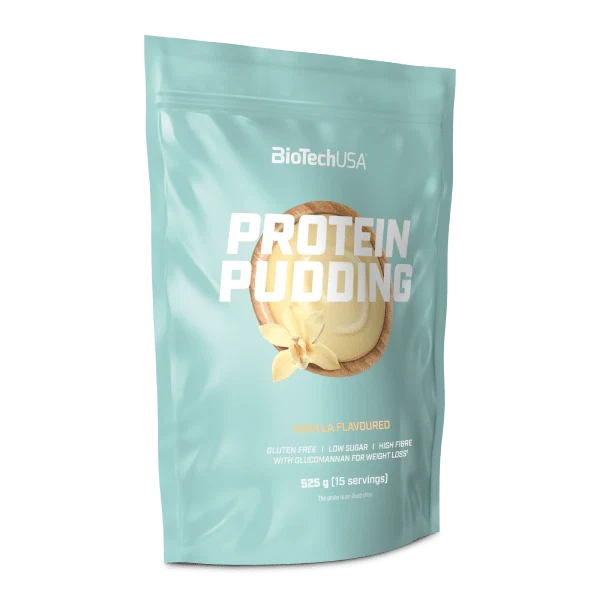 Опаковка на BioTech USA Protein Pudding powder с вкус Шоколад, поставена на чиста повърхност.