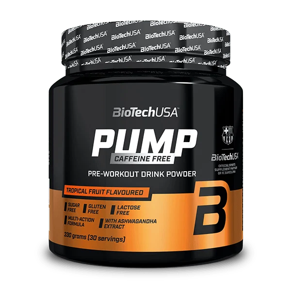Опаковка на BioTech USA Pump Caffeine Free drink powder с вкус лимонов студен чай, отпред