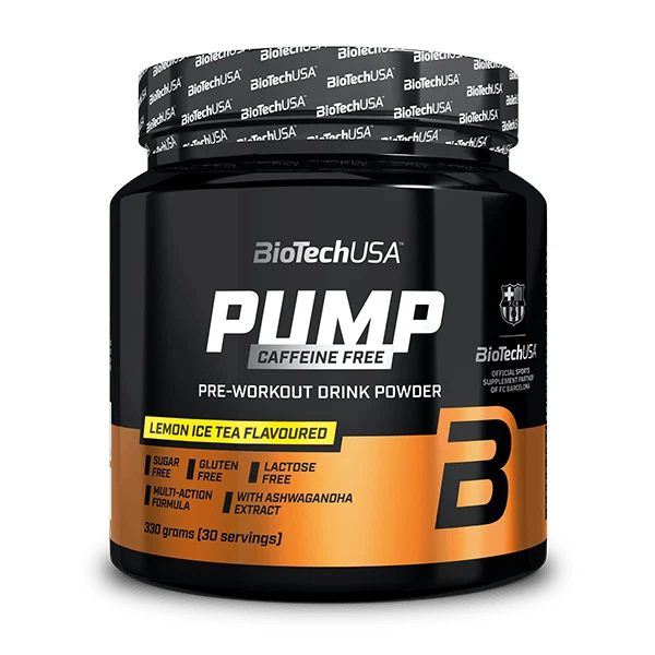 Опаковка на BioTech USA Pump Caffeine Free drink powder с вкус тропически плодове, на преден план