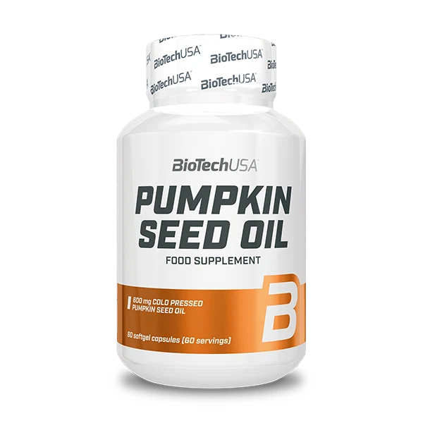Опаковка на BioTech USA Pumpkin Seed Oil с 60 меки гел капсули и зелени елементи на фона на спортна тематика