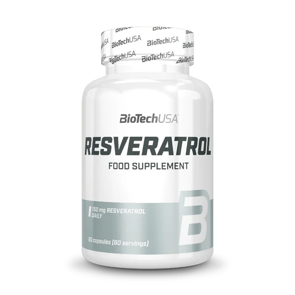 Опаковка на BioTech USA Resveratrol - 60 капсули, бяла кутия със зелени и червени елементи, логото на BioTech USA