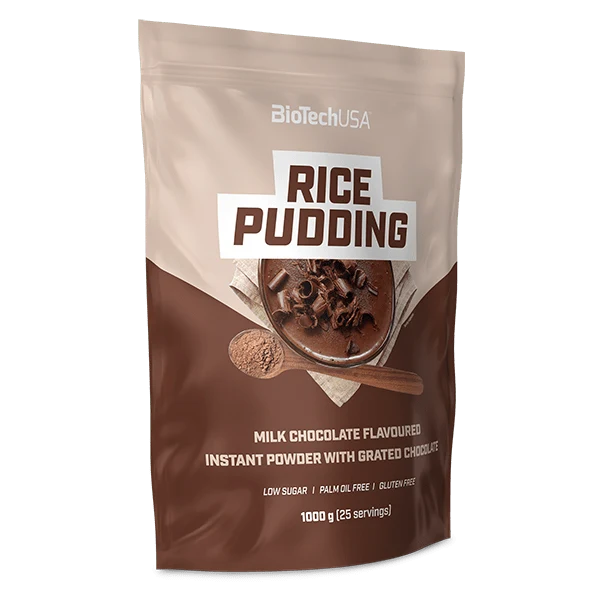 BioTech USA Rice Pudding с вкус на млечен шоколад, 1000 грама опаковка, показана на бял фон