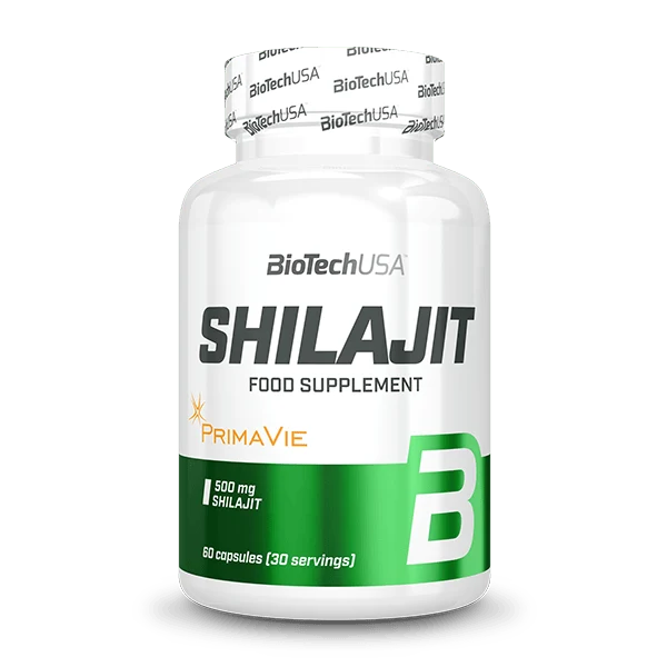 Опаковка BioTech USA Shilajit 60 капсули, черна кутия с оранжеви елементи и логото на BioTech USA