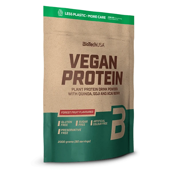 Близък план на BioTech USA Vegan Protein прах и лъжичка