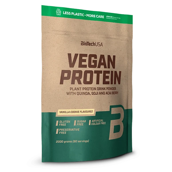 BioTech USA Vegan Protein опаковка на фона на спортна екипировка