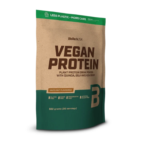 Опаковка BioTech USA Vegan Protein 500g с акцент върху веган логото