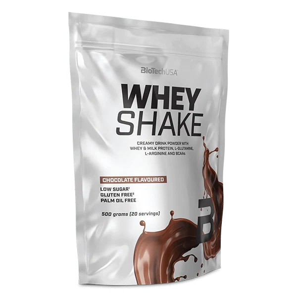 Опаковка на BioTech USA Whey Shake 500 g с вкус на бисквитки и сметана, на фона на бисквитки.