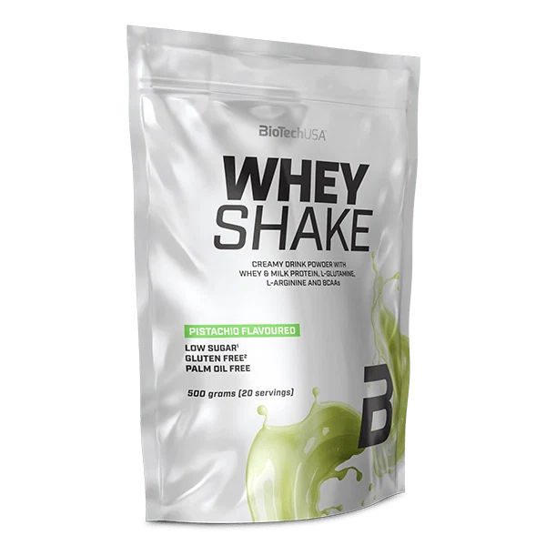 Опаковка на BioTech USA Whey Shake 500 g с вкус на шамфъстък, с изрисувани шамфъстъци.