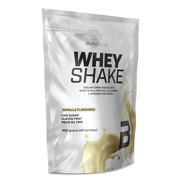 Опаковка на BioTech USA Whey Shake 500 g с вкус на ванилия, с ванилови шушулки и цветя.