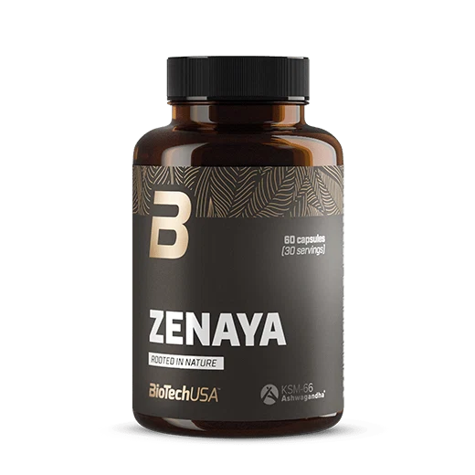 Опаковка BioTech USA Zenaya с 60 капсули, на преден план, показваща името на продукта и марката.