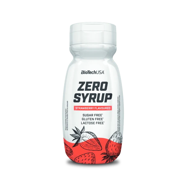 BioTech USA Zero Syrup, показан върху храна, вероятно палачинки или овесени ядки