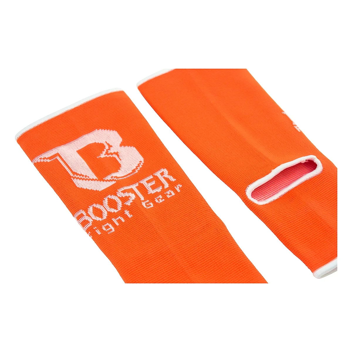 Протектори за глезен Booster AG PRO NEON ORANGE, показани отстрани, акцентиращи върху формата и еластичността за плътно прилягане.