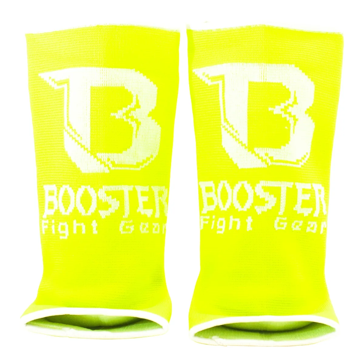 Неоново жълти протектори за глезен Booster AG PRO, показани под ъгъл, подчертаващи еластичността на материала и изработката.