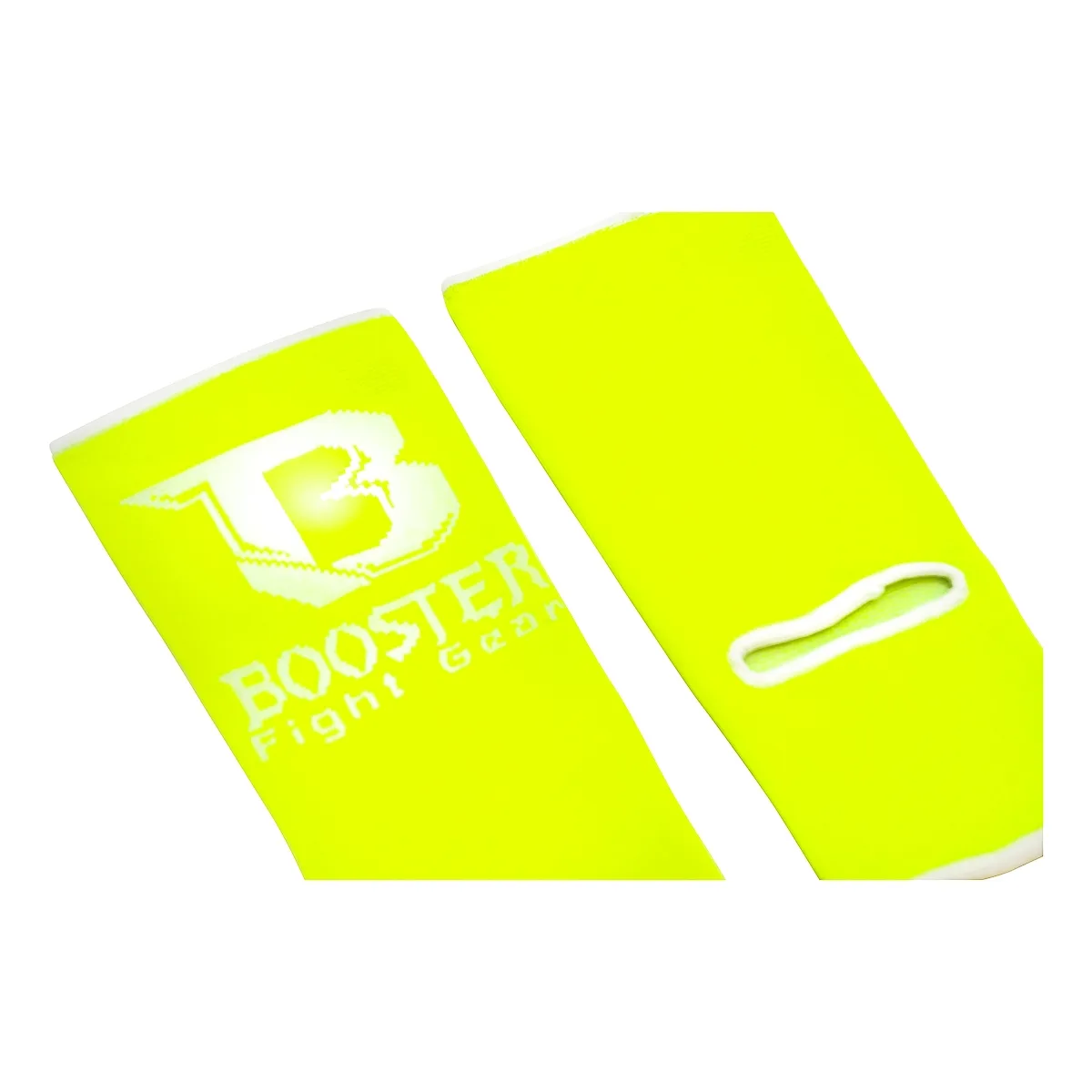 Неоново жълти протектори за глезен Booster AG PRO, показани отпред, с ясно видими шевове и лого на марката.