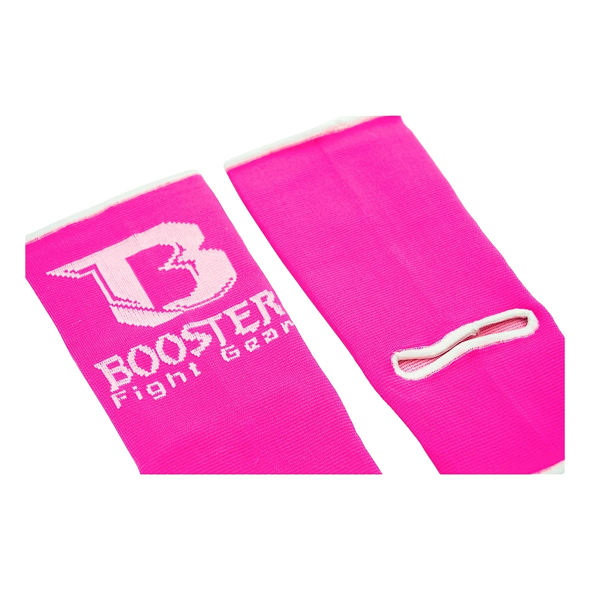 Розови протектори за глезен Booster AG PRO PINK, показани отпред, с изтъкано лого на Booster Fight Gear.